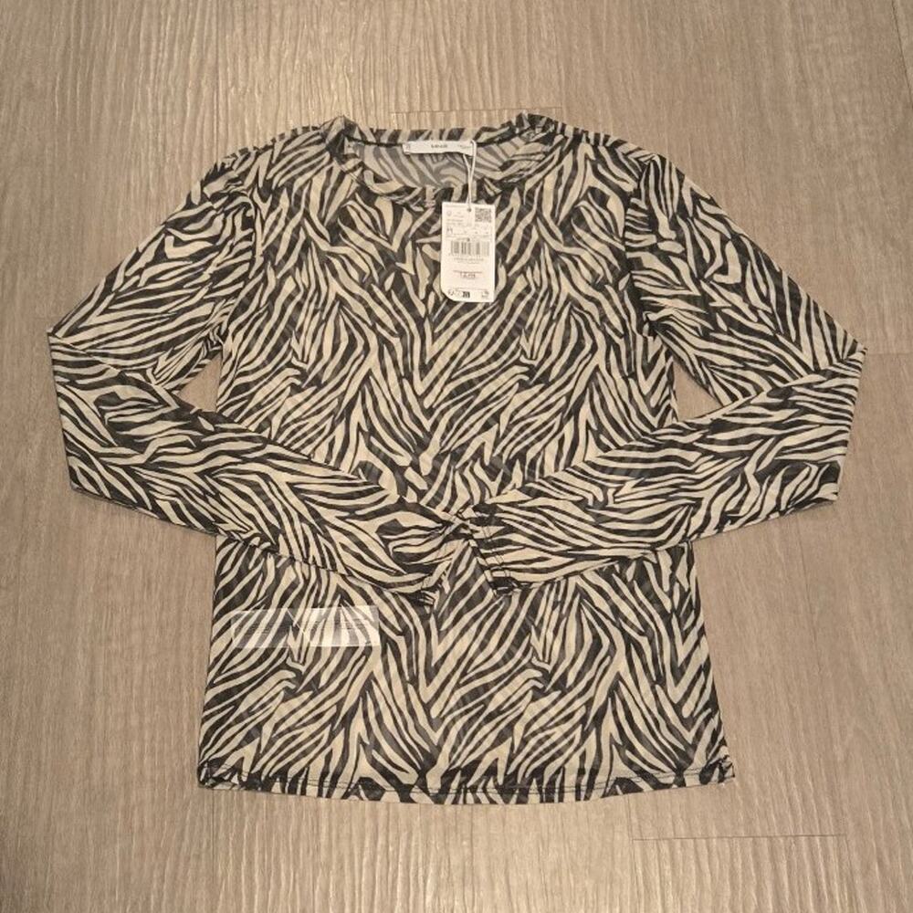 NWT MANGO Mesh Zebra Print Long-Sleeve Blouse Sz M